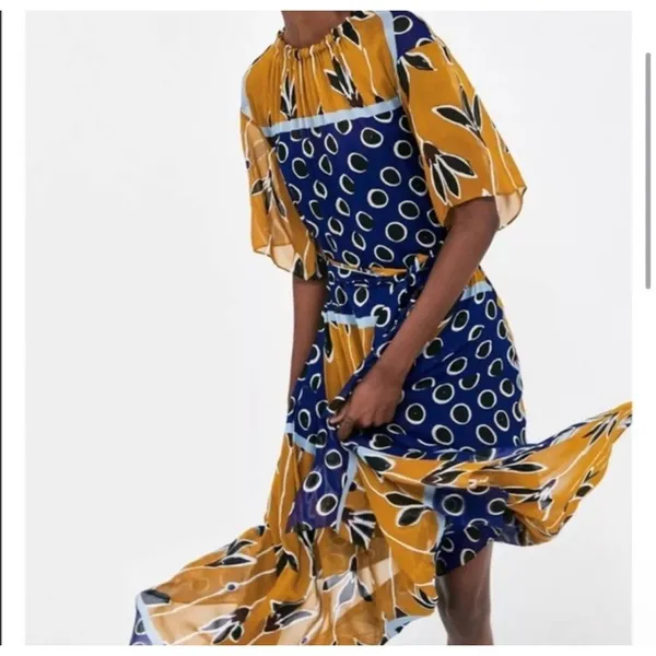 ZARA Navy Mustard White‎ Floral Sheer Tie Waist Midi Dress Sz XS - Image 3