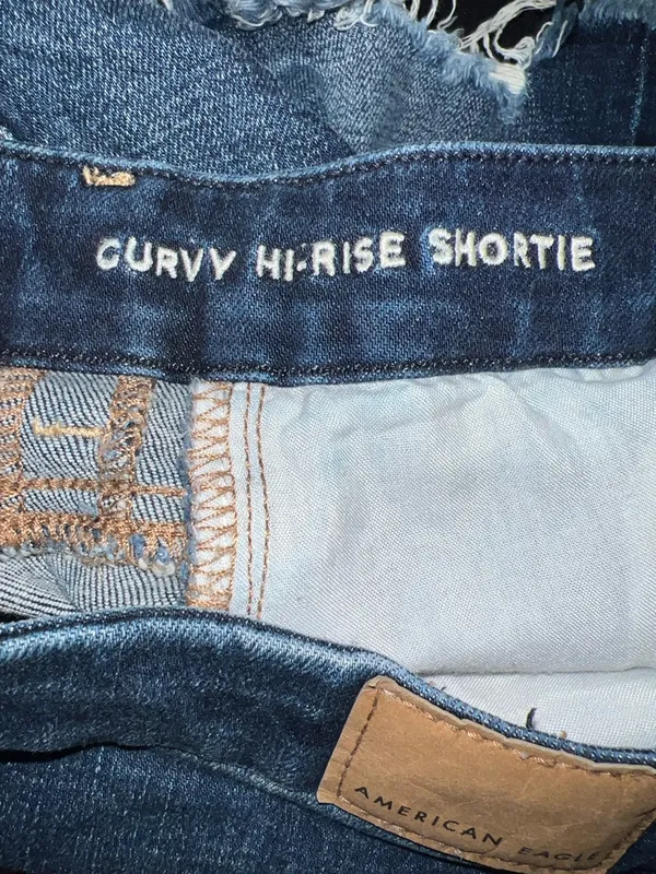 American Eagle Dark Wash Blue Raw Hem Frayed Denim Hi-Rise Shortie Jean Shorts - Image 13