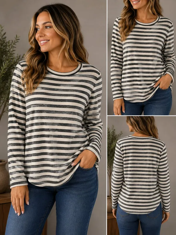 American Eagle Soft & Sexy Plush Long Sleeve Striped Crew Neck Top - Image 2