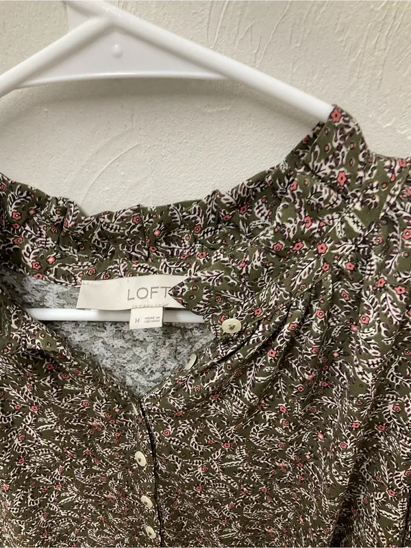 LOFT Olive Green Floral Henley Peasant Blouse - Image 2