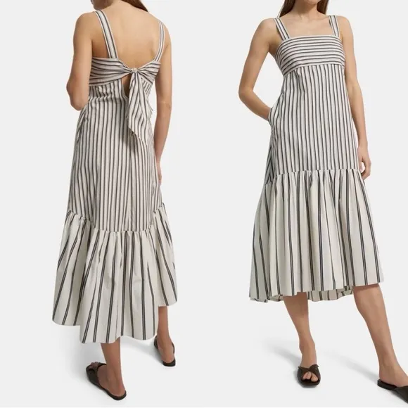 NWT THEORY Tie-Back Dress in Striped White Black Cotton Poplin Sz M - Image 2