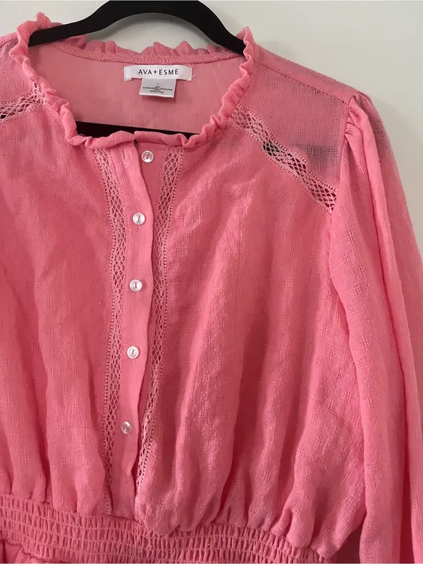Pink Cotton Peasant Lace Shirt Mini Dress Large Button Up Cottagecore Dainty - Image 3