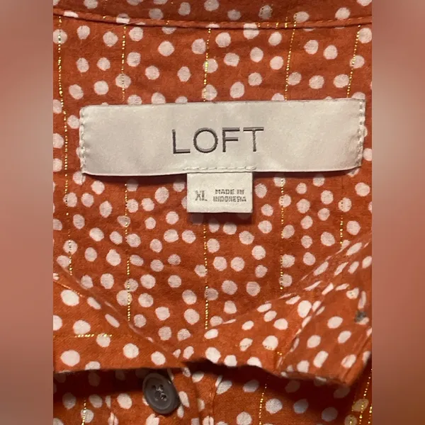 LOFT Womens XL Orange Polka Dot Long Sleeve Button Front Blouse 99% Cotton - Image 2