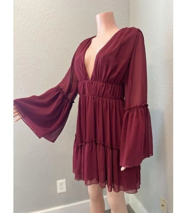 MISS ORD CUTE Ruffle Pintuck Dres Sz L WINE Maroon Romantic Cottagecore NWT #125 - Image 4