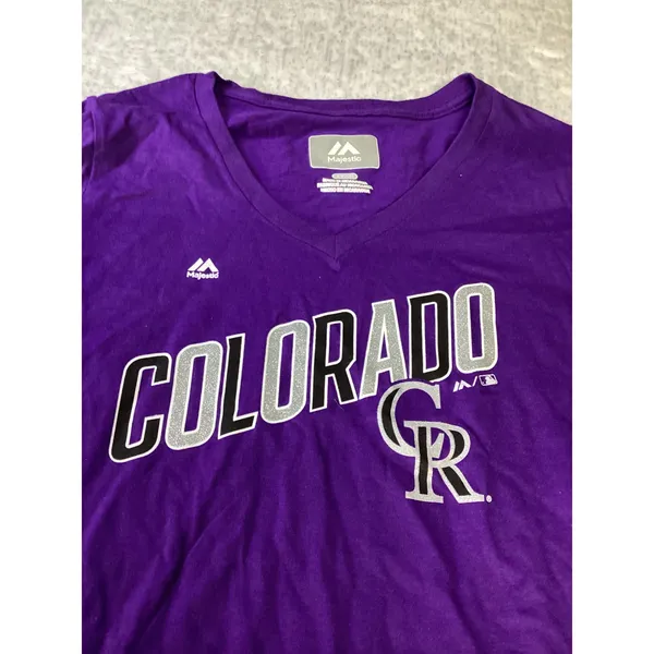 Majestic Colorado Rockies MLB Womens Purple V-Neck Glitter Graphic T-Shirt Small - Image 2