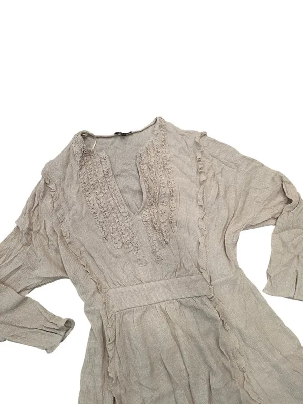 Massimo Dutti Beige Textured Long-Sleeve Midi Dress Ruffle & V-Neckline Size M - Image 8