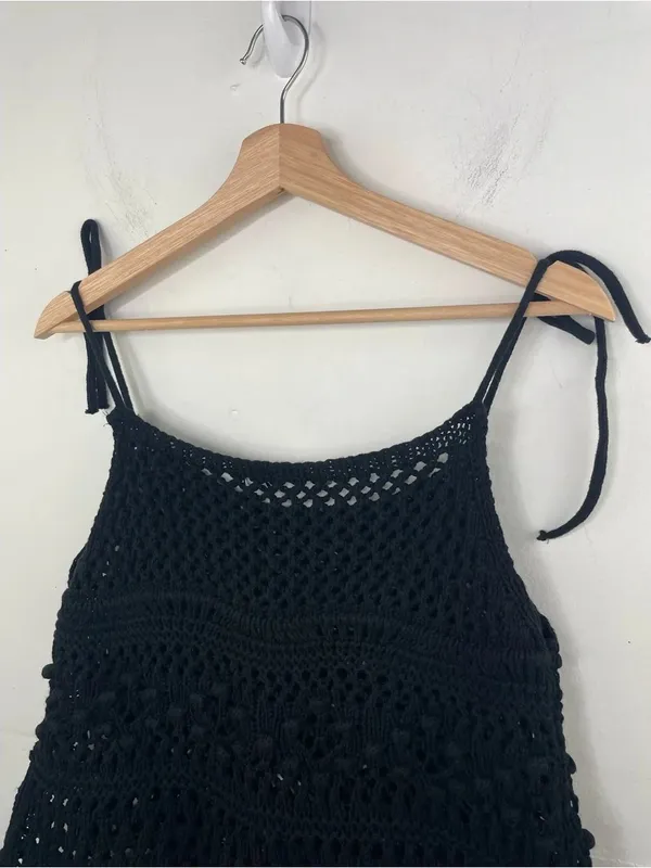 ZARA Black Crochet Knit Tie Strap Crop Tank Top Boho Festival Beach Cover-Up S - Image 9