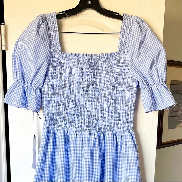 Damaris Bailey Azul Dress Smocked Puff Sleeve Midi Gingham Blue‎ Large NWT - Image 4