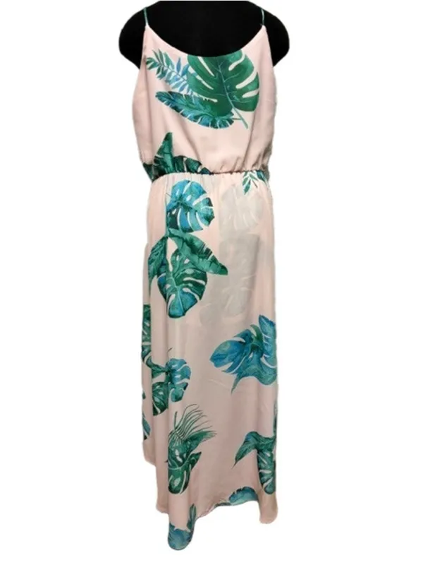Pink Lily Boutique Pink & Green Palm Maxi Romper with Train Size L (19” PTP) - Image 4