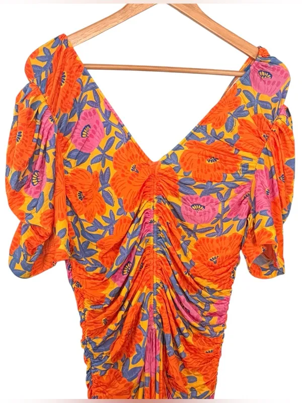 ANTHROPOLOGIE Farm Rio Short Sleeve Ruched Midi Dress Tropical Floral Size M NEW - Image 5