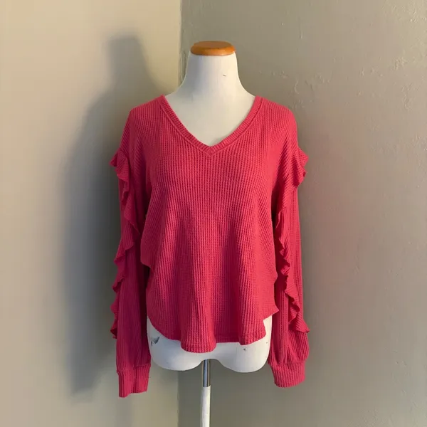Pilcro and the Letterpress Anthropologie Pink Waffle Knit Ruffle Sleeve Thermal‎ V-Neck Top Small - Image 2