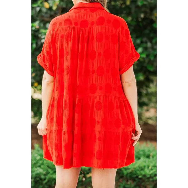 Umgee Womens 100% Cotton Dress Large Red Polka Dot Tiered Short Sleeve Boho‎ - Image 5
