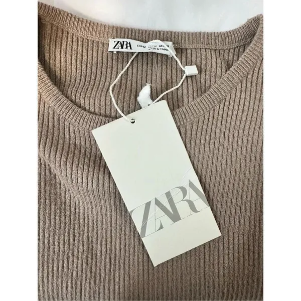 Zara Ribbed Long Sleeve Crop Top Brown Size M Crew Neck Knit Casual - Image 10