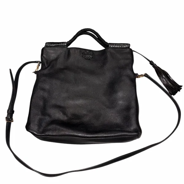 Tory Burch Black Leather Taylor Convertible Foldover Crossbody Purse - Image 2