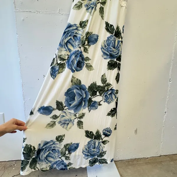 Thirty Thirty LA Blue‎ Rose Floral Lace Trim Maxi Dress White Medium Boho Party - Image 4