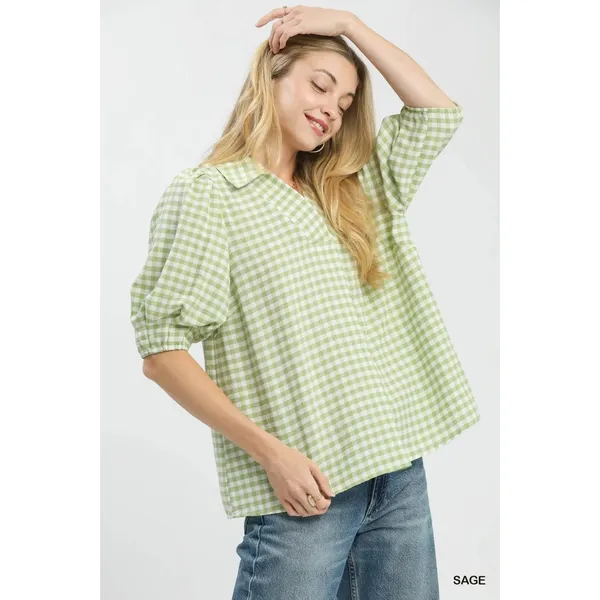 Umgee Gingham Puff Sleeve Collared Blouse - Medium - Image 2