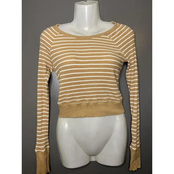 OFFLINE By Aerie Sweater Womens Small Beige Striped Waffle Knit Boat Neck Soft - Image 2