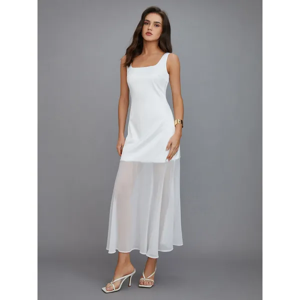 Commense Satin Bridal White Sheer Chiffon Overlay Minimalist Maxi Dress NWT L - Image 6
