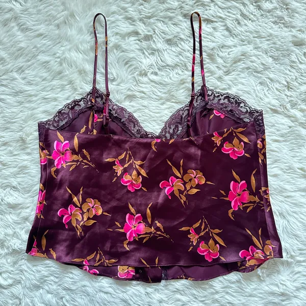 Victoria’s Secret Cami Vintage Gold Label Lace Trim Button Front Floral Purple M - Image 3