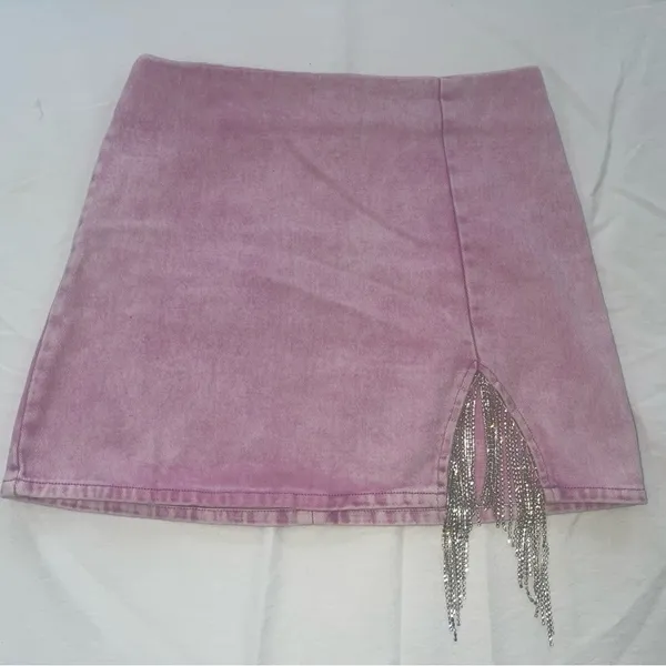 Sparkle Rhinestone Fringe Pink Denim Mini Skirt. Women’s Large-High Waisted - Image 6