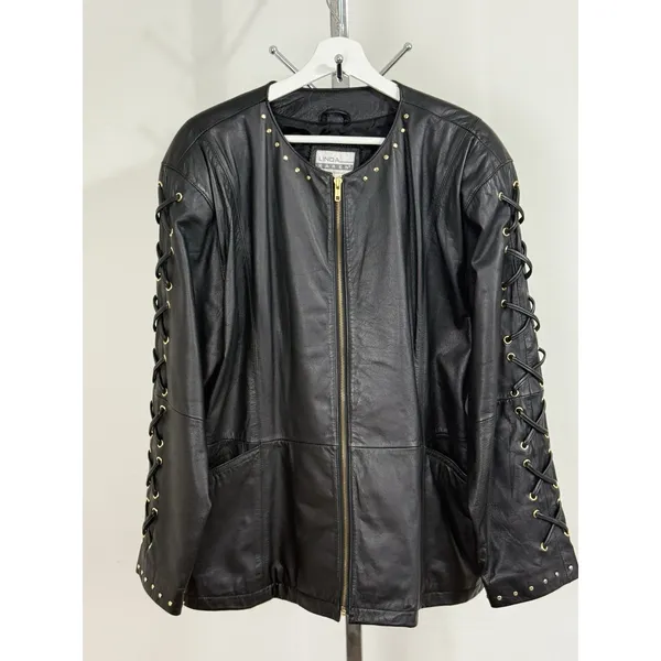 Vintage Women’s Black Leather Jacket Lace Up Studded Biker Y2K Punk Goth Size S - Image 6