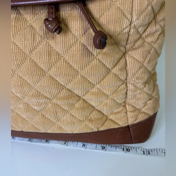 LL Bean Tan Corduroy and Lather Backpack Purse - Image 11