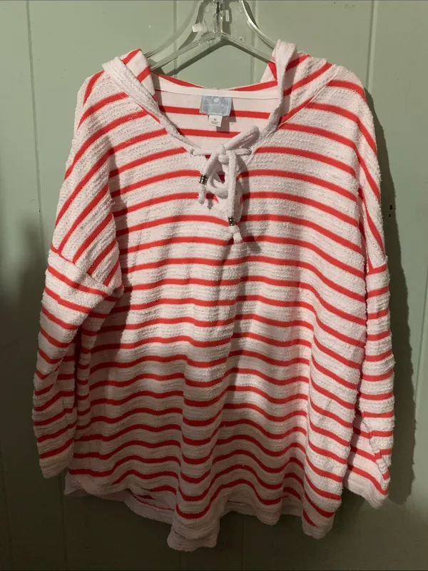Striped Hooded Lace-Up Sweater - Pink & White - Image 2