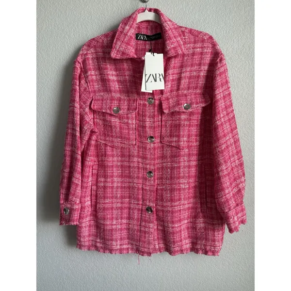 ZARA Pink Plaid Tweed Shacket Oversized Shirt Jacket Boucle Coquette XS NEW - Image 5