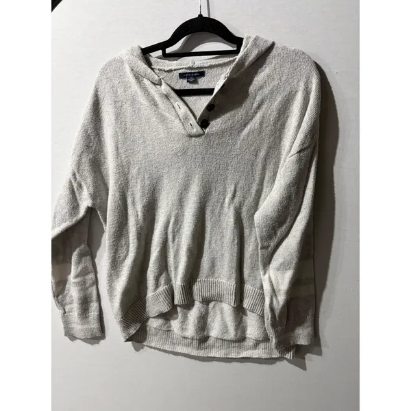 American‎ Eagle Knit Hooded Pullover Sweater Light Gray Button Neck Size L - Image 3