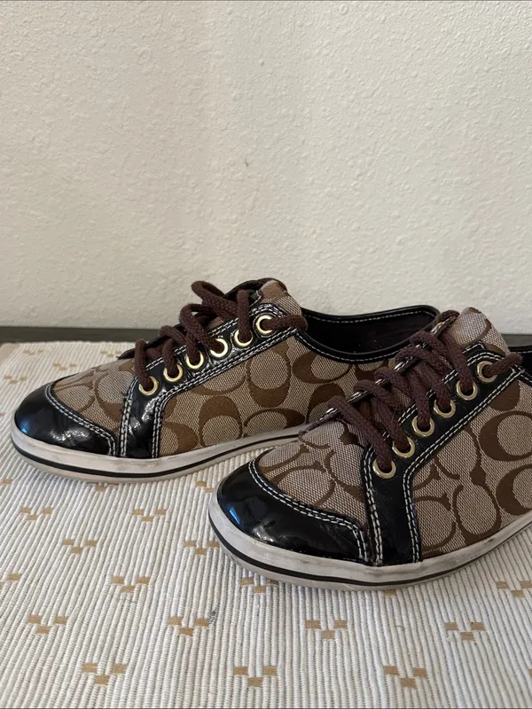 Coach Signature C Jacquard Patent Leather Low Top Sneakers Brown Khaki Size 7 - Image 10