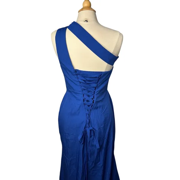 RYANTH One Shoulder Gown Womens Royal Blue 8 NWT Formal Lace Up‎ Back Side Slit - Image 5
