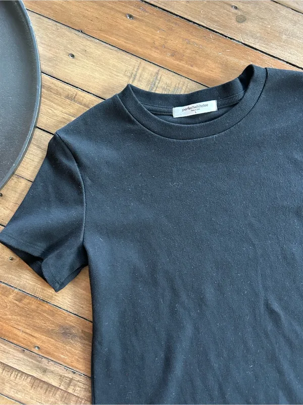 Perfect White Tee Katz Black Ribbed Cotton T Shirt L - Image 5