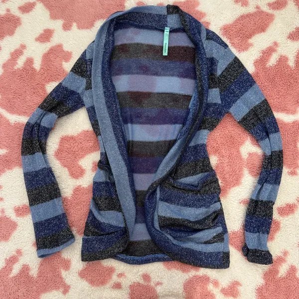 Y2K Metallic Lurex Shimmer Striped Cardigan | Fairy Grunge Coquette Sparkle Knit Sweater Blue Open Front Small - Image 4