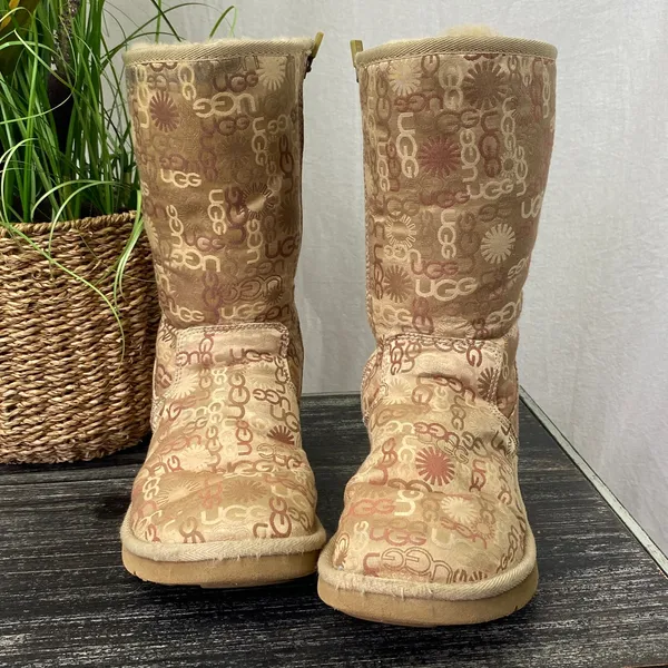 Ugg Classic Metallic Monogrammed Logo Print Fleece Lined 5515 Calf Boots 8 - Image 3