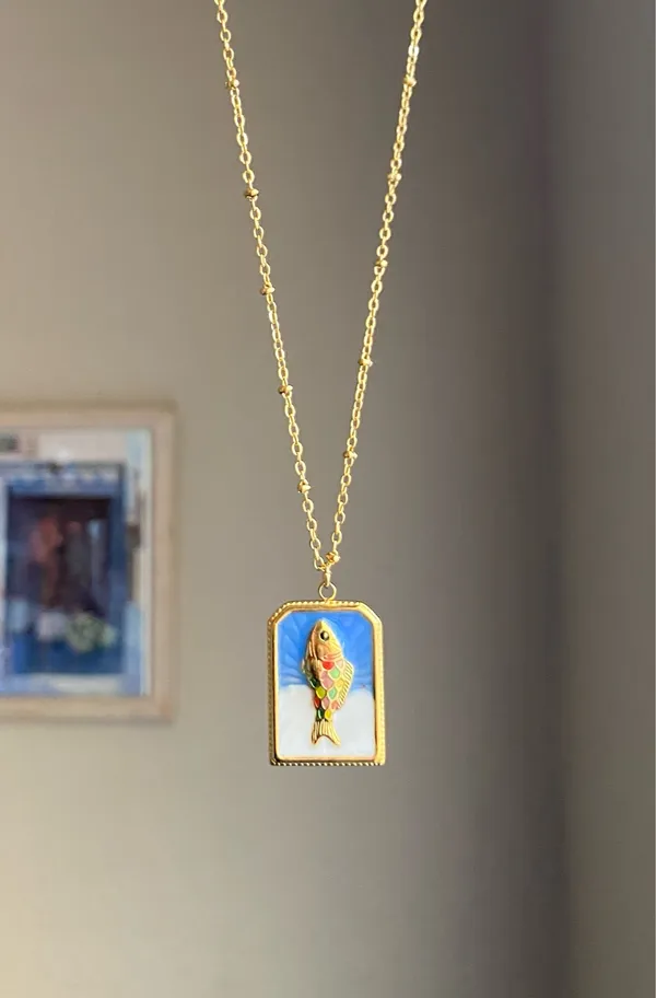 Handmade gold tone stainless steel & enamel fish necklace 🐟🌀 - Image 2