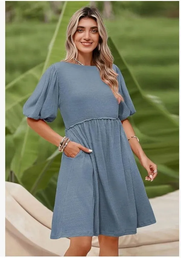 New Blue crew Neck Tunic Mini Tiered Babydoll Dress S - Image 2