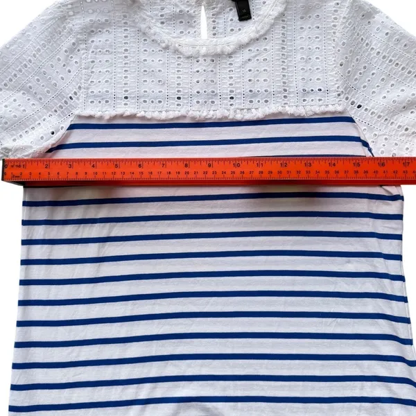 J.Crew Womens XS Mixed Media Eyelet Lace Striped Short Sleeve Top Blue White - Image 4