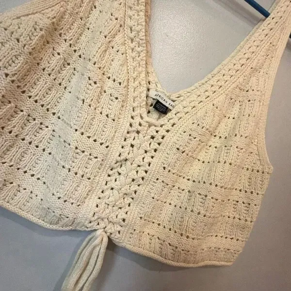 American Eagle Cropped Lace-Up Knit Tank Top Crochet Cream XL Coquette #1100 - Image 4