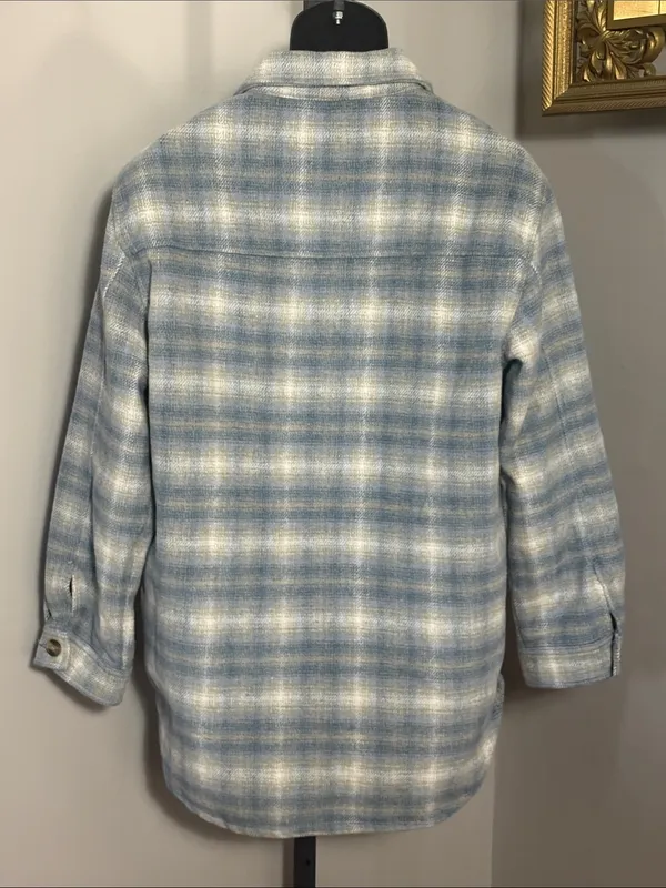American Eagle Outfitters AEO Medium Blue Plaid Utility Shacket Jacket - Image 3