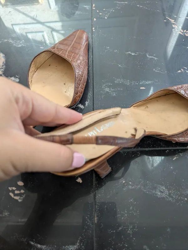 Vintage Ralph Lauren Brown Crocodile Leather Slingback Heels Size 8 - Image 9