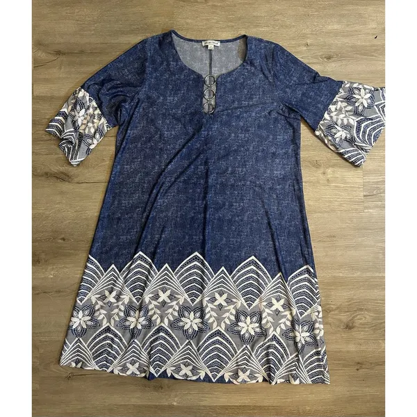 Chelsea Taylor 2X Blue Faux Denim Dress Lace Trim Ring Neck Stretch Midi Plus - Image 10
