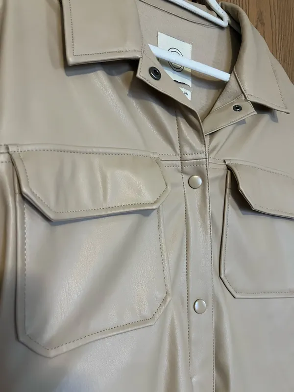 Leather Oversized Shirt Jacket Button Up Jacket Tan Size XL - Image 2