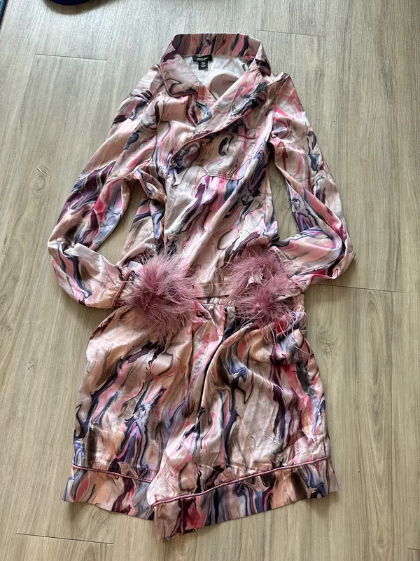 Nasty Gal Feather Satin Pajama Set Shirt & Pants - Image 2