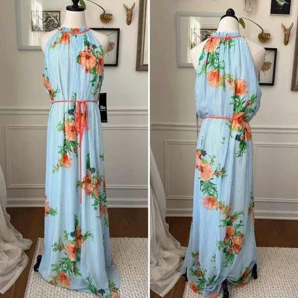 Chetta B NWT Be by Chetta Floral Stripe Maxi Dress High Neck $90 XL - Image 2
