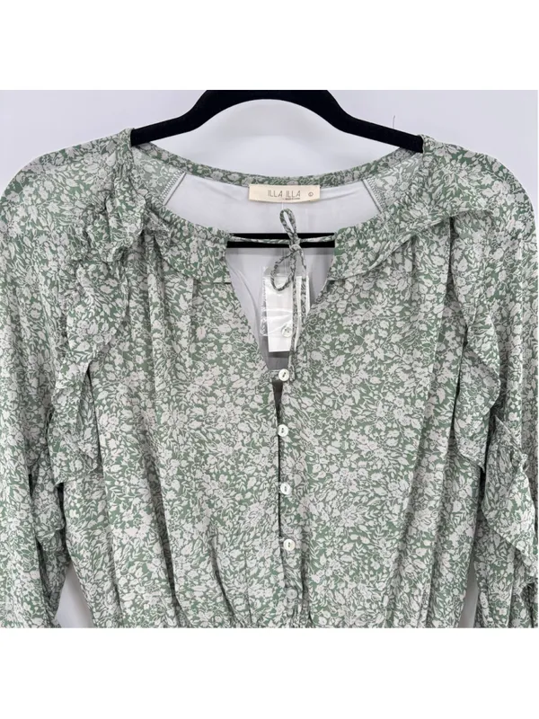Illa Illa Green Cream Floral Midi Dress Cottagecore Ruffle Sheer Prairie Fairy Boho Large - Image 4