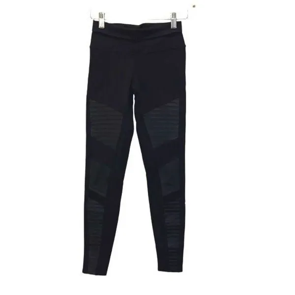Alo Yoga Womens Flat Front High Waist Mesh Moto Panels Active Leggings Black Siz - Image 2