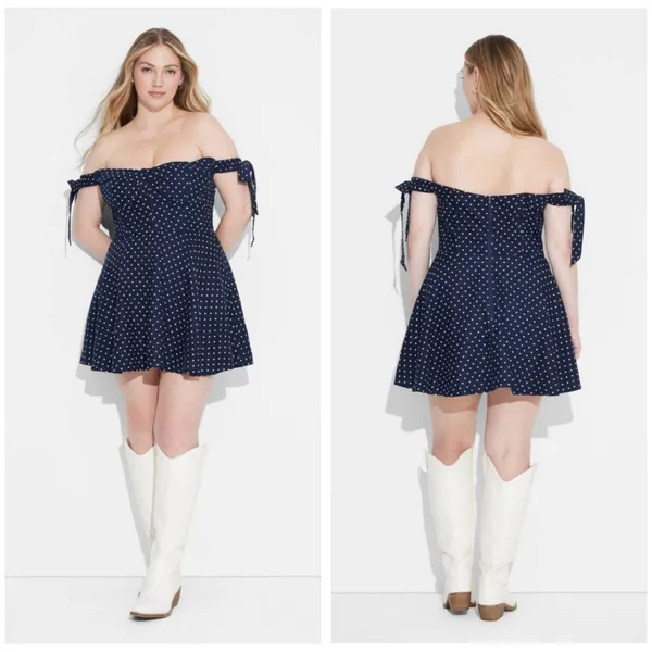 Megan Moroney Blue Polka Dot Corset Mini Dress Size XXL Off Shoulder Heart Retro - Image 2