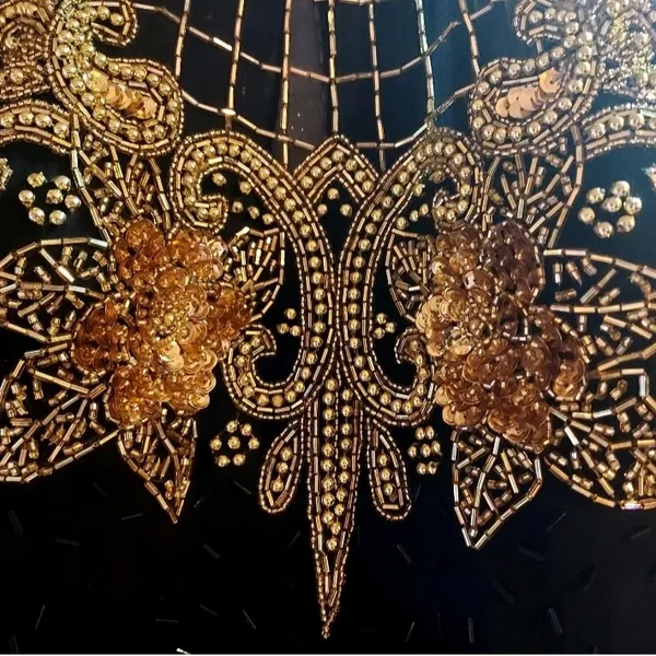 Ted LapidusBlack and Gold Strapless High Neck All Over Beaded Evening Gown Dress - Image 3