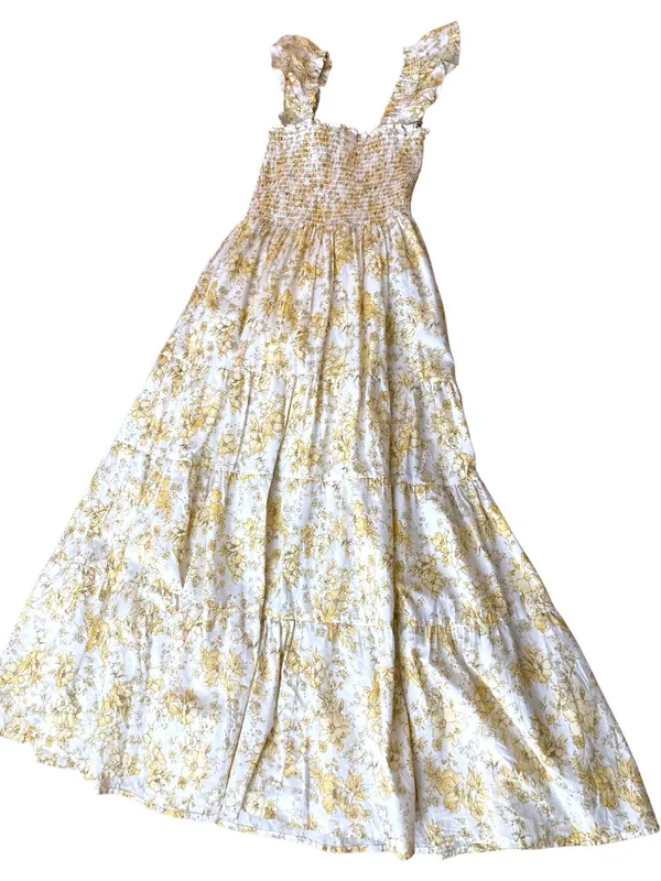 Aqua Yellow Smocked Floral Sundress Cottagecore Maxi Lined w Pockets - Image 10