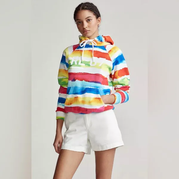Ralph Lauren Watercolor Striped Rainbow Tie Dye Hoodie Size Large *no string - Image 2